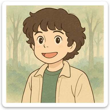 Create a character of Mike Wheeler from Stranger Things inspired by the provided reference image. Use a simple line style with thick outlines, colored in light pastel tones, in the Ghibli style. Format the image in a 1:1 aspect ratio. sticker