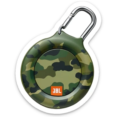 Minimalist JBL Clip 4 speaker with accurate circular shape and integrated carabiner clip at top, green camouflage pattern, iOS emoji style sticker
