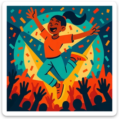 a single dancer jumping with joy at a concert with confetti and hands in the air, dynamic style sticker