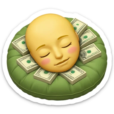 a round yellow IOS style emoji of a face sleeping on a pillow of money sticker