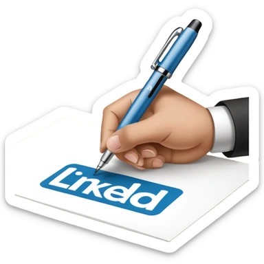 A hand writing a paper with the LinkedIn logo on it sticker