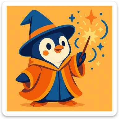 a cute penguin wizard casting a spell, wearing a robe and holding a wand, magical sparkles around sticker