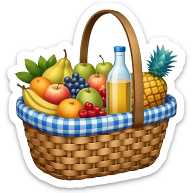 blue plaid lining basket with both food, drink and fruits sticker