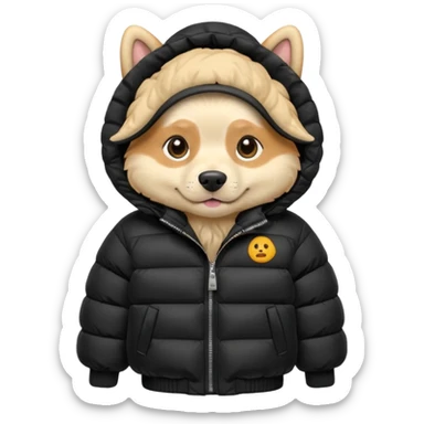  dog in oversized black puffer with hood sticker