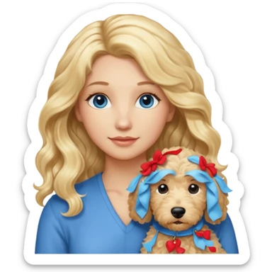 Long blonde hair, blue eyed woman with wavy blond goldendoodle sticker