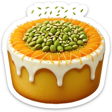 A small round emoji of traditional kanafeh with golden-orange crispy threads, a gooey white cheese center, and a light sprinkle of green pistachios. Warm and delicious-looking. sticker
