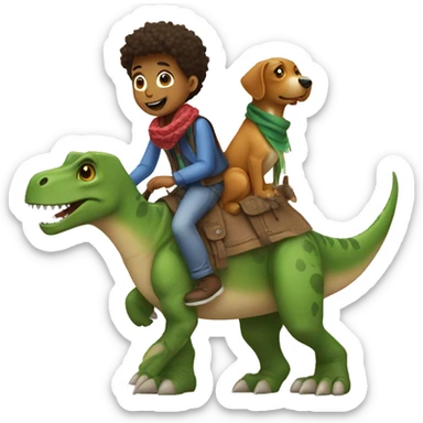 boy with a scarf and a dog riding a dinosaur sticker