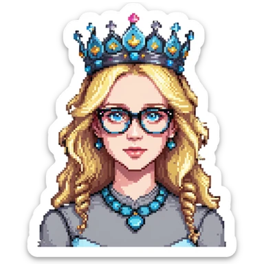 beautiful princess with blonde hair, bright blue eyes, wearing stylish glasses and a crown sticker
