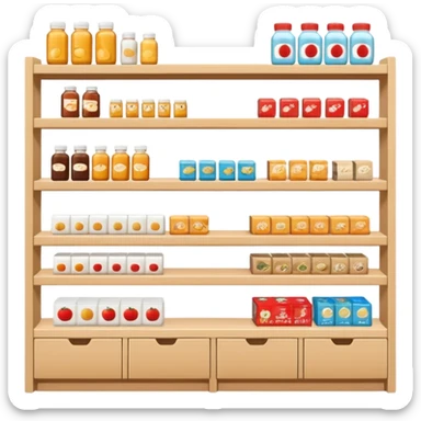 "Minimalist Japanese shelf display, identical products placed directly behind one another (same items stocked in depth), different product types arranged side by side, clean spacing, precise symmetry, soft neutral lighting, front-facing packages, ultra-detailed." sticker