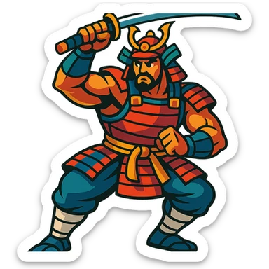 A muscular samurai with bright, lively colors and dynamic shading sticker