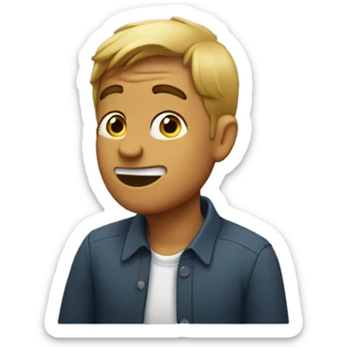 man pointing at his ear sticker