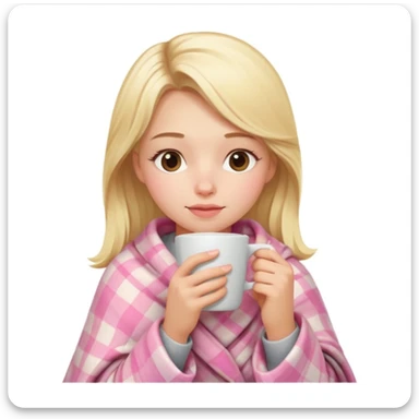 cute blonde girl wrapped in pastel pink plaid blanket drinking coffee sticker