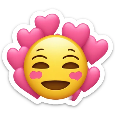 Blushing yellow emoji with pink hearts around it sticker
