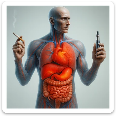 Medical illustration, hyperrealistic 4K, realistic anatomical human body, inflamed liver and intestine highlighted, holding a lit normal cigarette in the right hand and an electronic cigarette in the left hand, clear background, extremely detailed, same lighting and style as the reference image. sticker