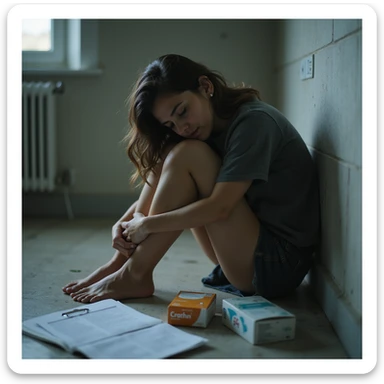 hyperrealistic 4K image of a woman sitting on the bathroom floor, head resting on knees, hot water bottle in arms, medical reports with 'Crohn' and discarded biologic drug box in foreground, visible dark circles sticker
