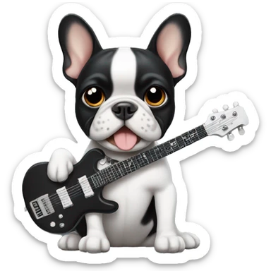 black-white frenchie dog with an electric guitar  sticker