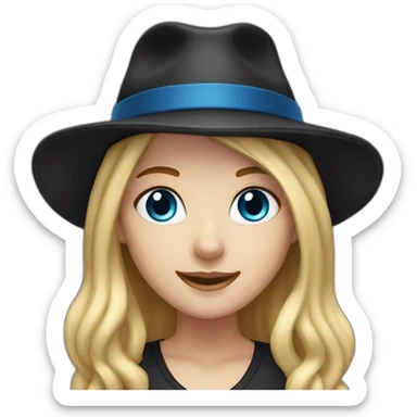 White Girl with long blond hair and with blue eyes and a black hat smiling sticker