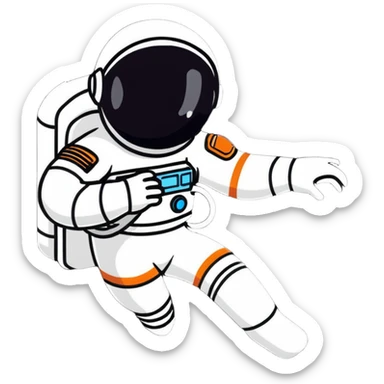 Stylized futuristic astronaut in mid-flight pose, heroic silhouette, dynamic diagonal motion lines sticker