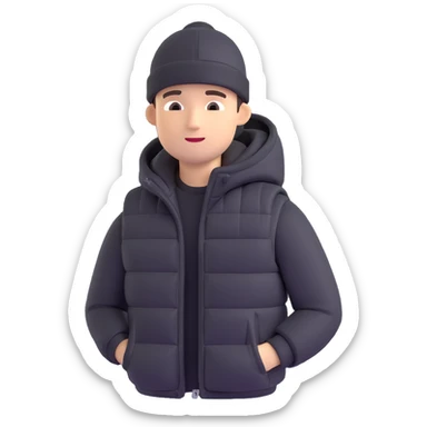 A guy in a hat, black hoodie, and a puffer vest sticker