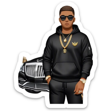 Man living his dream, standing outside his Maybach GLS 600 wearing a Palm Angels Sweatsuit & an Audemars Piguet on his wrist with a diamond Cuban link chain around his neck sticker