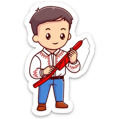 Ukrainian young man in a white embroidered traditional shirt holding a red thread with a needle and pliers sticker