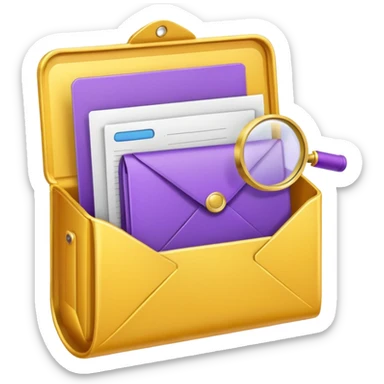 yellow (hex#FFD008) and purple (hex#8C52FF) emojis of a pin, a working case, a folder, a magnifier, an email, an envelope sticker