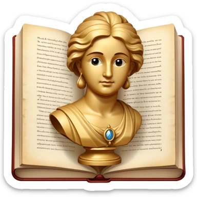 An icon featuring a classical bust, a book, and a question mark, symbolizing philosophy. The design includes a scroll with ancient text, evoking deep thought and intellectual inquiry. Transparent background highlights the search for knowledge and meaning sticker