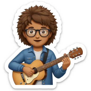 Guy with brown fluffy hair playing guitar with glasses sticker