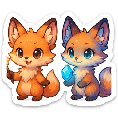 chibi anime style fox duo, both magical, one holding a glowing wand, the other with a floating crystal, cute, colorful, detailed sticker