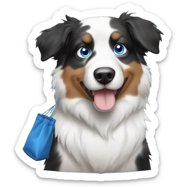 black and white australian shepherd with blue eyes holding a bag of poop sticker