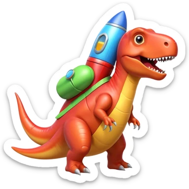 cute toy-like rocket-propelled dinosaur, rounded shapes, glossy texture, colorful rocket backpack, happy expression, 3D cartoon, mobile game icon style, clean background, no text, no watermark
 sticker