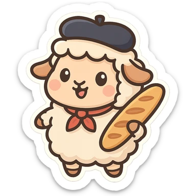 French sheep with a beret, carrying a baguette, cheerful style, chibi stickers style sticker