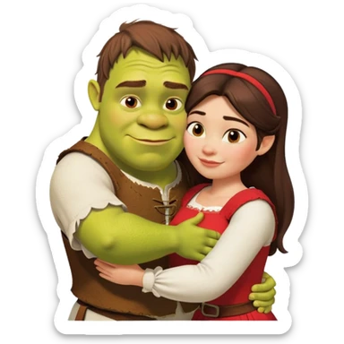 Shrek and Fiona are hugging themselves. They both have long dark brown hair. Fiona has a white shirt and Shrek has red shirt.  sticker