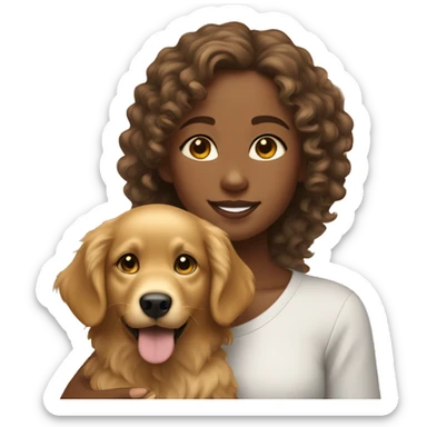 Tan skinned girl with  curly hair with a golden retriever puppy sticker