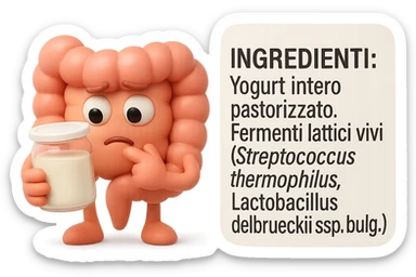 EMOJI STILE IPHONE 3D DI UN INTESTINO CHE HA IN MANO UN BARATTOLO DI YOGURT CONFEZIONATO DA SUPERMERCATO E LEGGE L'ETICHETTA NUTRIZIONALE CON GLI INGREDIENTI IN ITALIANO, ACCANTO ALLO YOGURT CHE HA IN MANO C'è UN FOCUS SULL'ETICHETTA CON GLI INGREDIENTI SCRITTI sticker