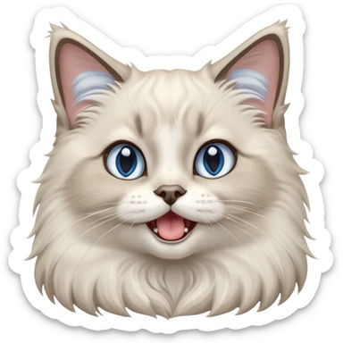 Cinematic Adorable Fluffy Light Grey Mantle Ragdoll Cat Portrait Emoji, Head tilted cutely with big, sparkling blue eyes, soft light grey fur with darker points on the ears, face, and paws, Simplified yet irresistibly adorable features, highly detailed, glowing with a soft, warm glow, high shine, yawning in a peaceful and playful manner, stylized with a touch of whimsy, bright and endearing, soft glowing outline, capturing the essence of a relaxed and loving kitten, so cute it feels like it could leap out of the screen and stretch into a cozy nap! sticker
