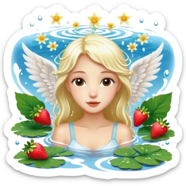 a beautiful angel like girl mix with  watel lili and  Strawberries  being born with an nenuphar on her light hair on stars  sticker