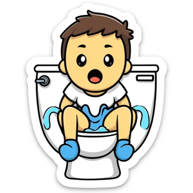A person with a shocked expression sitting on toilet feeling the splash sticker