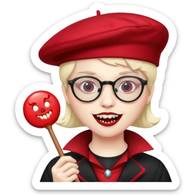 Vampire with lollipop, beret and glasses, teeth looks like vampire sticker