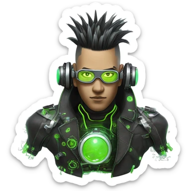 Mohawk hair with neon green highlights Asian male cyborg head with neon silver steampunk goggles and circuits sticker