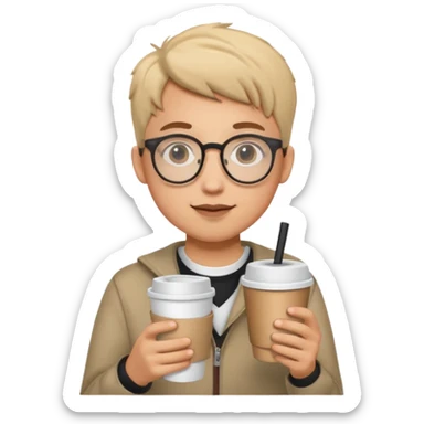 Student with round glasses and takeaway coffee sticker