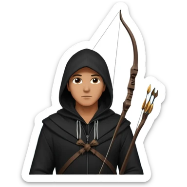 hooded man in a tall buliding a silloute shot, bow and arrows in hand. in the sky a big eagle is flying in modern time sticker