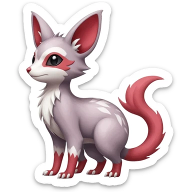 Minccino-Lykoi-Emolga-Pachirisu-Zangoose-fusion-hybrid-animal-Fakémon-creature, full body, thin long sleek scaly tail, intricate markings sticker