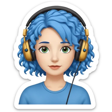 blue haired earringed heaphone wearing middle aged woman very very curly long haired and hazel small eyes sticker
