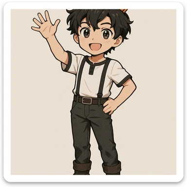 young anime boy with dark wavy hair, wearing a simple golden crown, white shirt with black trims and black suspenders, dark pants with belt and boots, standing confidently with one arm raised saying hello sticker