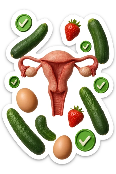 zucchine, cetrioli, fragole, uova fluttuano insieme ad un utero umano realistico anatomico e a piccole spunte verdi di "verificato" 3d, IPERREALISTICO 4K sticker