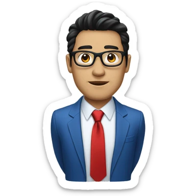 man in blue suit and red tie, black eyes with metallic glasses, black hair sticker