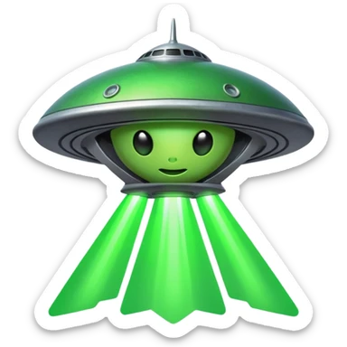 Alien spaceship, glowing beam, small cartoon emoji, no background sticker