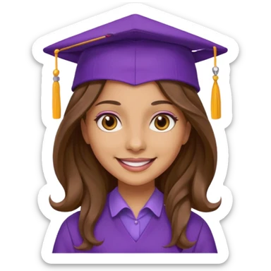 beautiful  woman light olive skin with wavy long long brown hair and hazel eyes with purple school hat sticker