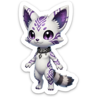 Rar colorful white exotic cute epic aesthetic gothic colorful Salandit-Eevee-Civet-species-Fakemon-hybrid-creature, with a collar, and with intricate tribal markings, full body sticker